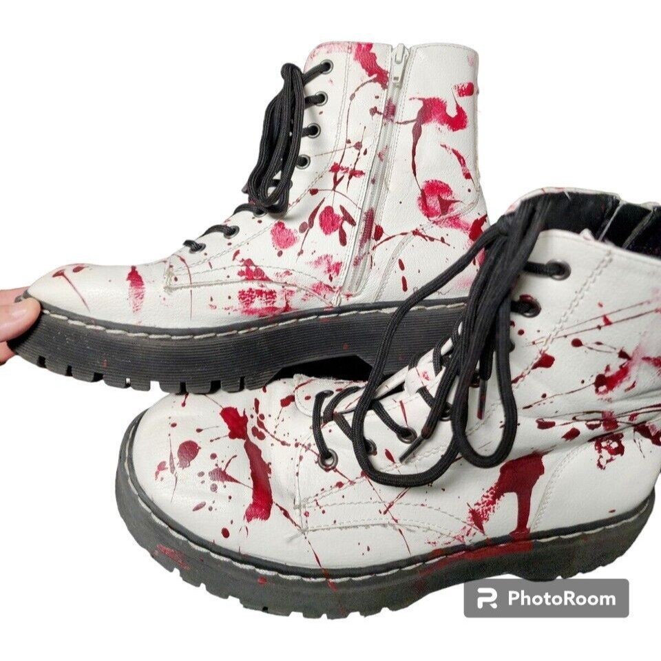Blood Splatter White Combat Boots Womens 8.5 Unisex Union Bay Ooak Artist Signed